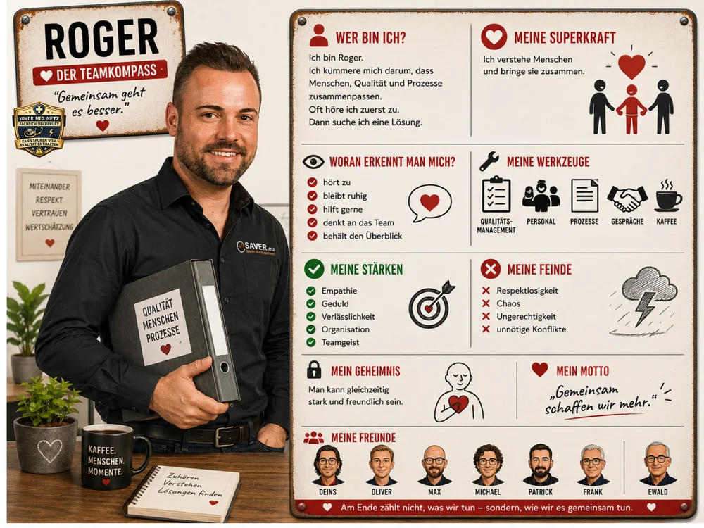 Steckbrief-Grafik von Roger, „Der Teamkompass“, eSAVER-Mitarbeiter mit Ordner „Qualität Menschen Prozesse“, mit Rubriken Wer bin ich, Superkraft, Werkzeuge, Stärken, Feinde, Geheimnis, Motto „Gemeinsam schaffen wir mehr“ und Freunde.