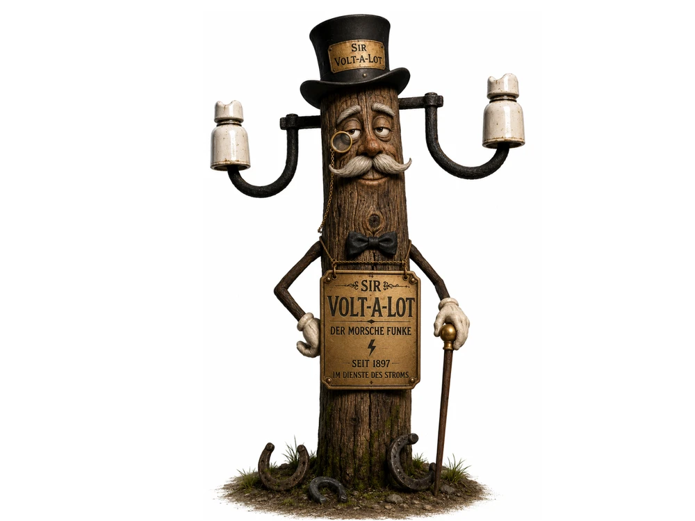 Comic-Figur eines alten Holzmasten mit menschlichem Gesicht, buschigen weißen Augenbrauen, weißem Schnauzbart und Monokel am Kettchen. Die Figur trägt einen schwarzen Zylinder mit goldenem Schild „Sir Volt-a-Lot" sowie eine schwarze Fliege. Zwei schwarze gusseiserne Traversen mit je einem weißen Porzellan-Isolator ragen seitlich aus dem Kopf heraus. Um den Hals hängt ein goldenes Schild mit der Aufschrift „Sir Volt-a-Lot – Der morsche Funke – Seit 1897 im Dienste des Stroms", eine Hand stützt sich in die Hüfte, die andere hält einen Gehstock mit goldenem Knauf. Am Fuß des verwitterten Holzstamms liegen mehrere rostige Hufeisen im Kies vor weißem Hintergrund.