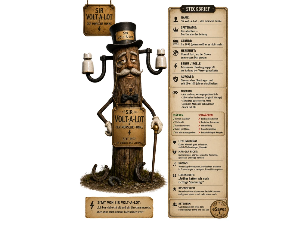 Comic-Figur eines alten Holzmasten mit Gesicht, weißem Schnauzbart, Monokel und schwarzem Zylinder mit der Aufschrift „Sir Volt-a-Lot". Zwei schwarze gusseiserne Traversen mit weißen Porzellan-Isolatoren ragen seitlich heraus, an den Armen trägt die Figur eine Fliege sowie ein Schild „Sir Volt-a-Lot – Der morsche Funke – Seit 1897 im Dienste des Stroms" und stützt sich auf einen Gehstock. Am Fuß des Mastes liegen mehrere rostige Hufeisen im Kies. Rechts daneben ein Steckbrief mit Icons und Textfeldern zu Name, Spitzname, Geburt, Herkunft, Beruf, Aufgabe, Aussehen, Stärken, Schwächen, Lieblingsdingen, Hobbys, Lebensmotto und Netzwerk; unten ein Zitat „Ich bin vielleicht alt und ein bisschen morsch, aber ohne mich kommt hier keiner weit."