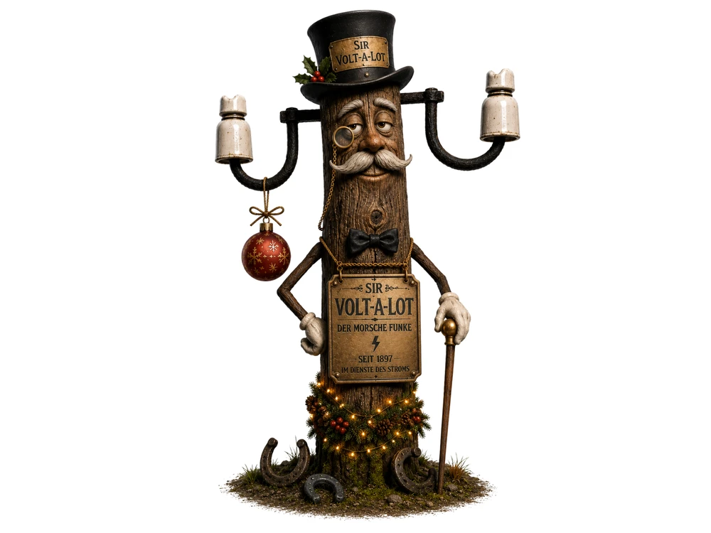 Comic-Figur eines alten Holzmasten mit Gesicht, weißem Schnauzbart und Monokel, weihnachtlich geschmückt: Am schwarzen Zylinder mit Schild „Sir Volt-a-Lot" hängt ein Zweig Stechpalme mit roten Beeren, an einer der beiden Traversen mit Porzellan-Isolatoren baumelt eine rote Weihnachtskugel mit goldener Schleife. Um den Fuß des Holzstamms windet sich eine Lichterkette mit warmweißen Lämpchen, dazwischen Tannenzweige, Kiefernzapfen und rote Beeren sowie mehrere rostige Hufeisen im Kies. Die Figur trägt weiterhin Fliege, das goldene Schild „Sir Volt-a-Lot – Der morsche Funke – Seit 1897 im Dienste des Stroms" und stützt sich auf einen Gehstock vor weißem Hintergrund.