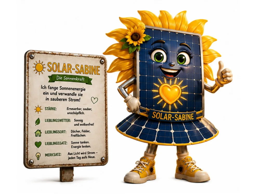 Comic-Figur Solar-Sabine, eine Solarmodul-Figur mit dunkelblauem Panel-Gesicht, sonnenblumenblütenartigem gelbem Haar und einer Sonnenblume im Haar, mit strahlend gelbem Herz-Symbol auf der Brust. Sie trägt einen Faltrock aus Solarzellen mit der Aufschrift "SOLAR-SABINE", zeigt einen Daumen nach oben und trägt gelbe Sneaker mit Sonnen-Muster. Auf dem Schild daneben steht "SOLAR-SABINE – Die Sonnenkraft – Ich fange Sonnenenergie ein und verwandle sie in sauberen Strom!" mit Stärke, Lieblingswetter, Lieblingsort, Lieblingssatz und Merksatz.