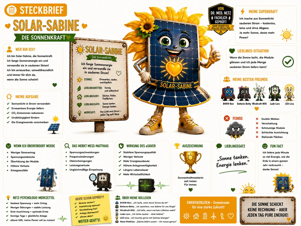 Steckbrief-Infografik zu Solar-Sabine: Links die Solarmodul-Figur mit Sonnenblumen-Haar und Solarzellen-Rock. Rechts der Steckbrief mit Motto "Die Sonnenkraft", Selbstbeschreibung, Aufgabe (Sonnenlicht in Strom verwandeln, erneuerbare Energie liefern, CO2-Emissionen reduzieren, Energiewende vorantreiben), Superkraft, Lieblings-Situation, Freundesliste (u. a. BHKW-Ben, Batterie-Betty, Windkraft-Willi, Lade-Lars, LED-Lina), Feinden wie dunklen Wolken und verschatteten Modulen sowie Fun Fact zur Energieausbeute.