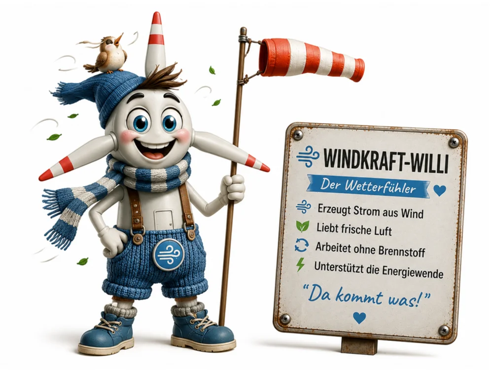 Comic-Figur Windkraft-Willi, eine weiße humanoide Figur mit einem verkehrskegelartigen Kopf, auf dem ein kleiner Vogel sitzt, blauer Wollmütze, gestreiftem Schal und ausgestreckten, an den Enden orange-weiß gestreiften Armen wie Rotorblätter. Er trägt eine gestrickte blaue Latzhose mit Windsymbol-Patch und blaue Winterstiefel, hält eine Fahnenstange mit rot-weißer Windsack-Fahne. Auf dem Schild daneben steht "WINDKRAFT-WILLI – Der Wetterfühler – Erzeugt Strom aus Wind, liebt frische Luft, arbeitet ohne Brennstoff, unterstützt die Energiewende" mit dem Spruch "Da kommt was!".
