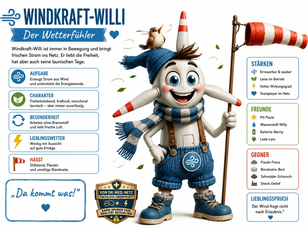 Steckbrief-Infografik zu Windkraft-Willi: Links die Figur mit Kegelkopf, Vogel, Schal und Windsack-Fahne. Rechts der Steckbrief mit Aufgabe (Erzeugt Strom aus Wind, unterstützt die Energiewende), Charakter (freiheitsliebend, kraftvoll, manchmal launisch, aber zuverlässig), Besonderheit, Lieblingswetter, hasst Stillstand und Bürokratie, Stärken, Freunden (u. a. PV-Paula, Wasserstoff-Willy, Batterie-Benny, Lade-Lars) und Gegnern wie Flaute-Franz und Bürokratie-Bert, dazu der Lieblingsspruch "Der Wind fragt nicht nach Erlaubnis.".