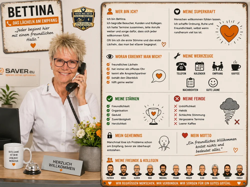 Steckbrief-Grafik von Bettina, „Das Lächeln am Empfang“, eSAVER-Mitarbeiterin für Empfang und Kundenservice, am Telefon mit Empfangsklingel und Blumenstrauß, mit Rubriken Wer bin ich, Superkraft, Werkzeuge, Stärken, Feinde, Geheimnis, Motto und Freunde & Kollegen.