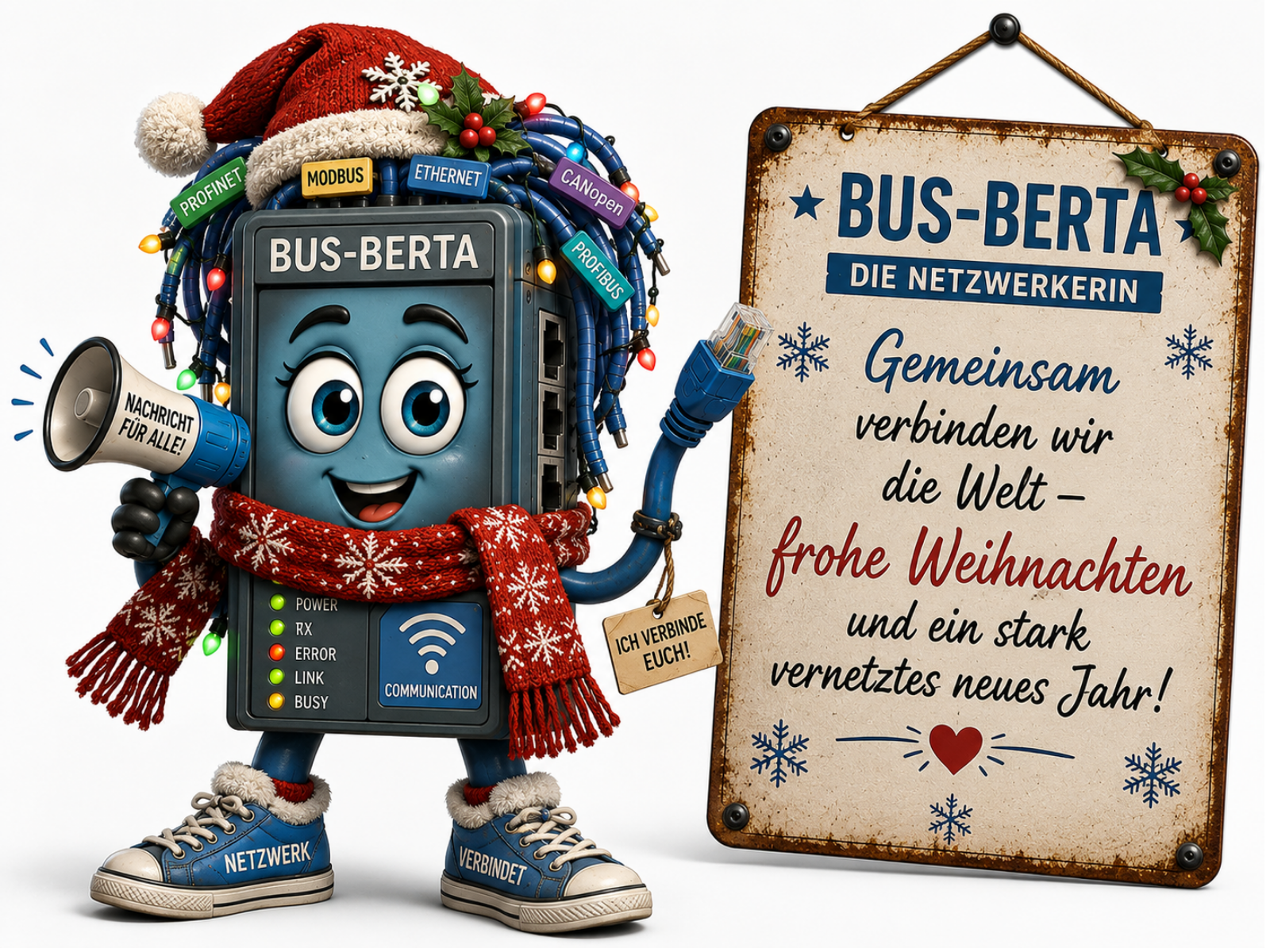 Comic-Figur Bus-Berta, ein blaugrauer Netzwerk-Switch mit Gesicht, großen Augen und Wimpern, deren "Haare" aus Netzwerkkabeln mit Etiketten PROFINET, MODBUS, ETHERNET, CANopen und PROFIBUS bestehen. Sie trägt eine rote Weihnachtsmütze mit Mistelzweig, einen rot-weißen Schal und hält in einer Hand ein Megafon mit der Aufschrift "NACHRICHT FÜR ALLE", in der anderen einen blauen Netzwerkstecker mit Anhänger "ICH VERBINDE EUCH!". Am Körper sind LED-Anzeigen für POWER, RX, ERROR, LINK und BUSY sowie ein WLAN-Symbol "COMMUNICATION" zu sehen, dazu blaue Sneaker mit den Aufschriften "NETZWERK" und "VERBINDET". Daneben hängt ein rustikales Schild mit dem Text "BUS-BERTA – DIE NETZWERKERIN – Gemeinsam verbinden wir die Welt – frohe Weihnachten und ein stark vernetztes neues Jahr!".