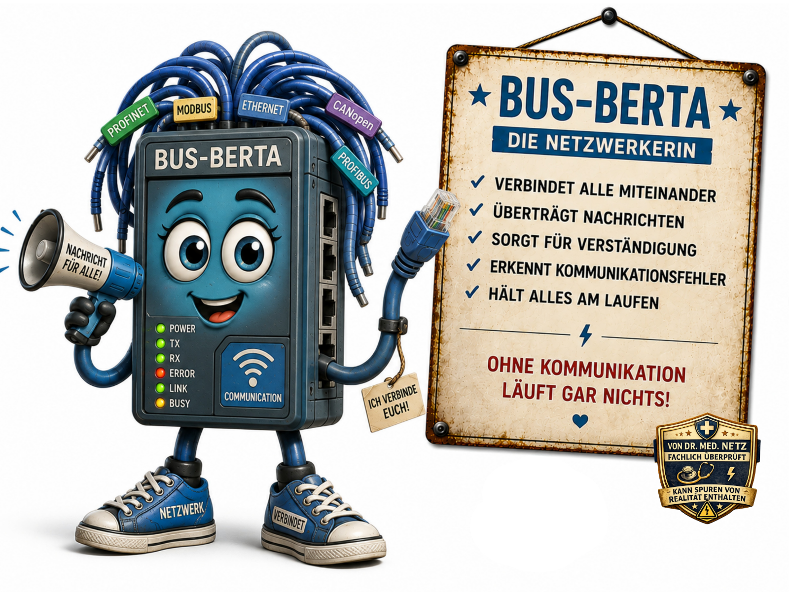 Comic-Figur Bus-Berta, ein blaugrauer Netzwerk-Switch mit Gesicht, großen Augen und Wimpern, deren "Haare" aus Netzwerkkabeln mit Etiketten PROFINET, MODBUS, ETHERNET, CANopen und PROFIBUS bestehen. Sie hält ein Megafon mit der Aufschrift "NACHRICHT FÜR ALLE" sowie einen blauen Netzwerkstecker mit Anhänger "ICH VERBINDE EUCH!", trägt blaue Sneaker mit den Aufschriften "NETZWERK" und "VERBINDET". Ein Schild daneben listet die Eigenschaften "VERBINDET ALLE MITEINANDER", "ÜBERTRÄGT NACHRICHTEN", "SORGT FÜR VERSTÄNDIGUNG", "ERKENNT KOMMUNIKATIONSFEHLER" und "HÄLT ALLES AM LAUFEN" mit dem Leitspruch "OHNE KOMMUNIKATION LÄUFT GAR NICHTS!".
