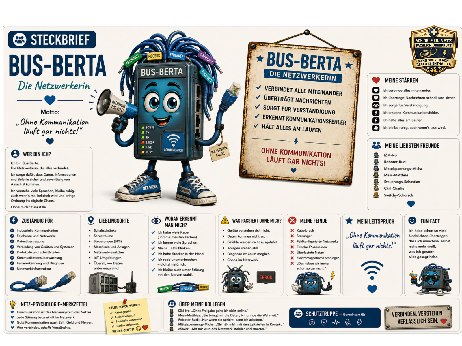 Steckbrief-Infografik zu Bus-Berta, der Netzwerkerin: Links die Comic-Figur mit Netzwerkkabel-Frisur und Etiketten PROFINET, MODBUS, ETHERNET, CANopen, PROFIBUS, Megafon und Netzwerkstecker. Rechts daneben Textboxen mit Motto "Ohne Kommunikation läuft gar nichts!", Selbstbeschreibung "Wer bin ich?", Aufgabenbereich "Zuständig für" (industrielle Kommunikation, Feldbusse und Netzwerke, Datenübertragung), Lieblingsorte, Erkennungsmerkmale, Folgen bei Ausfall, Feinde, Freundesliste (u. a. Roboter-Rudi, Mittelspannungs-Micha, Mess-Matthias) sowie ein Fun Fact und ein Merkzettel zur Netz-Psychologie.