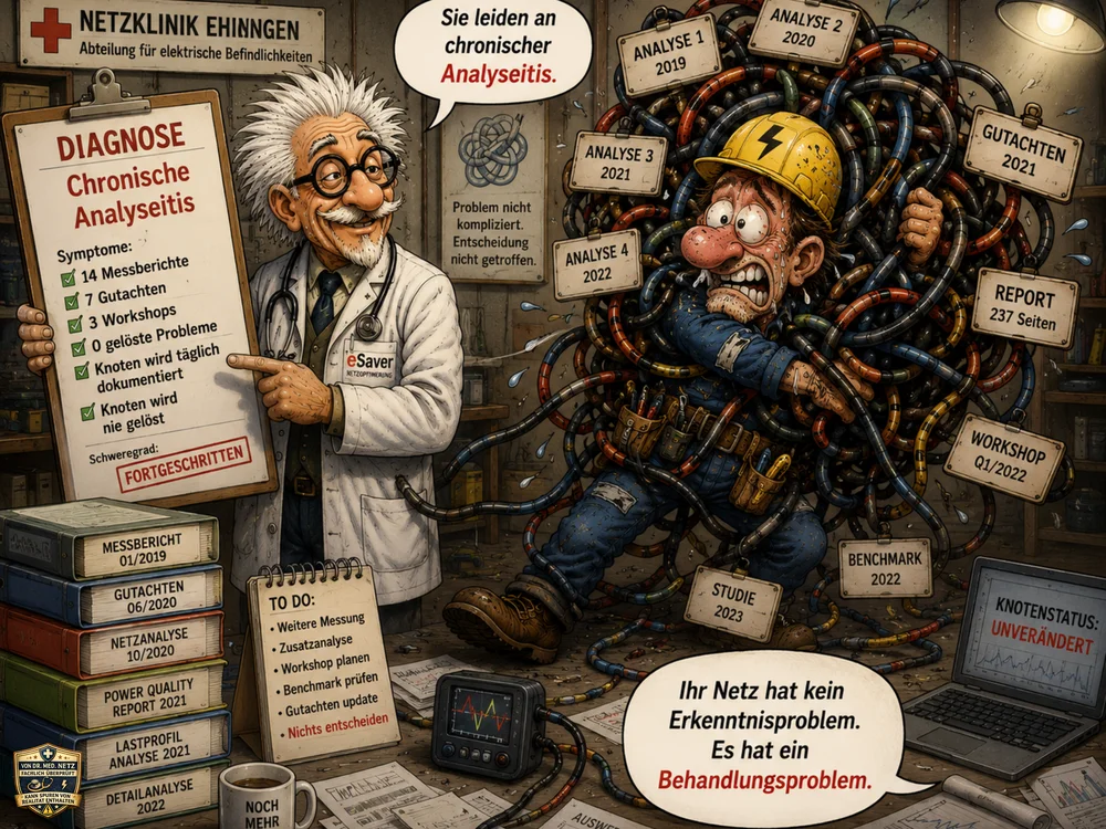 Comic-Szene aus der eSAVER-Netzklinik: Dr. med. Netz stellt einem Elektriker, der komplett in bunte Kabel und Analyseberichte verstrickt ist, die Diagnose „Chronische Analyseitis“ mit Symptomen wie vielen Messberichten, Gutachten und null gelösten Problemen.