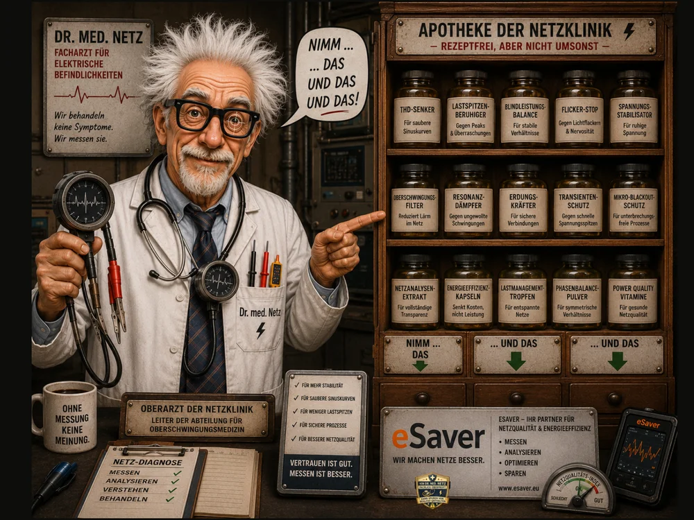 Comic-Illustration von Dr. med. Netz, Facharzt für elektrische Befindlichkeiten, mit Messgeräten in der Hand, neben einer „Apotheke der Netzklinik“ mit beschrifteten Fläschchen wie THD-Senker, Lastspitzen-Beruhiger, Flicker-Stop und Power Quality Vitamine, Logo eSAVER – Ihr Partner für Netzqualität & Energieeffizienz.