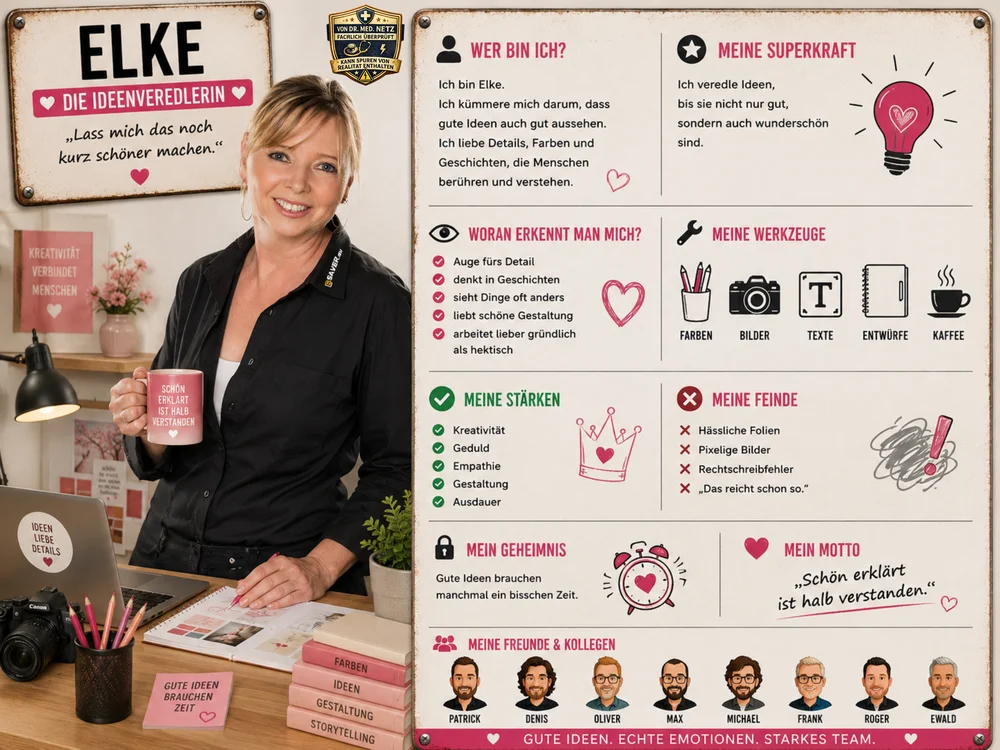 Steckbrief-Grafik von Elke, „Die Ideenveredlerin“, eSAVER-Mitarbeiterin für Marketing, am Schreibtisch mit Kamera, Farbstiften und Laptop, mit Rubriken Wer bin ich, Superkraft, Werkzeuge, Stärken, Feinde, Geheimnis, Motto und Freunde & Kollegen.