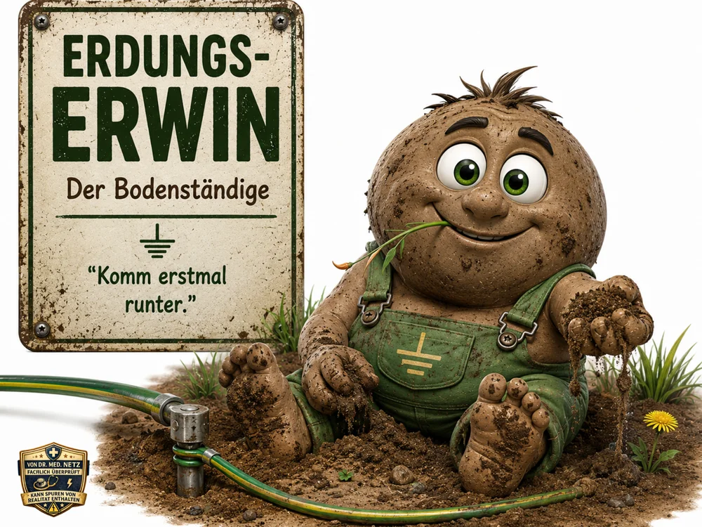 Braune, erdig-runde Comicfigur mit grüner Latzhose und geerdetem Symbol auf der Brust sitzt lächelnd im Erdboden, kaut an einem Grashalm und hält eine Handvoll Erde in der ausgestreckten Hand; daneben ein grün-gelber Erdungsschlauch mit Steckverbinder und ein Schild mit der Aufschrift „Erdungs-Erwin – Der Bodenständige“ und dem Zitat „Komm erstmal runter.“
