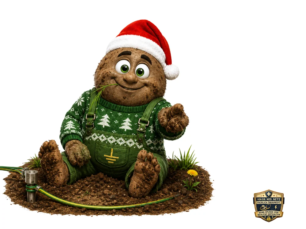 Braune, erdig-runde Comicfigur mit Weihnachtsmütze, grünem Strickpullover mit Tannenbaum-Muster und grüner Latzhose sitzt lächelnd im Erdboden neben einem Erdungsschlauch.