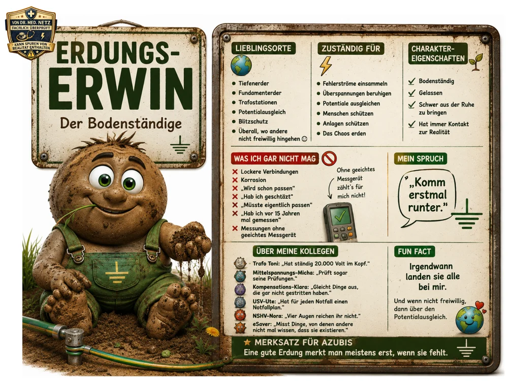 Infografik-Steckbrief zu Erdungs-Erwin mit Textblöcken zu Lieblingsorten, Zuständigkeit, Charaktereigenschaften, was er nicht mag, seinem Spruch, Kollegen und einem Fun Fact; im Zentrum die erdig-braune Figur mit Erdungsschlauch.