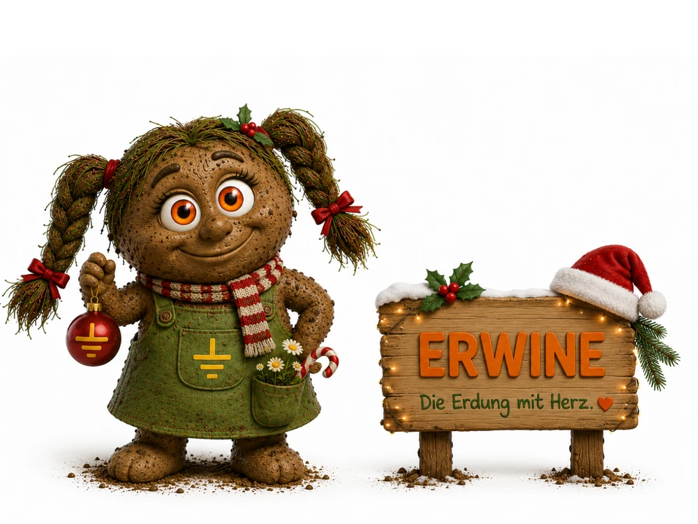 Erwine aus der eSaver Netzpsychologie als Weihnachtsfigur mit Erdungssymbol, Weihnachtskugel und dem Schild „Die Erdung mit Herz