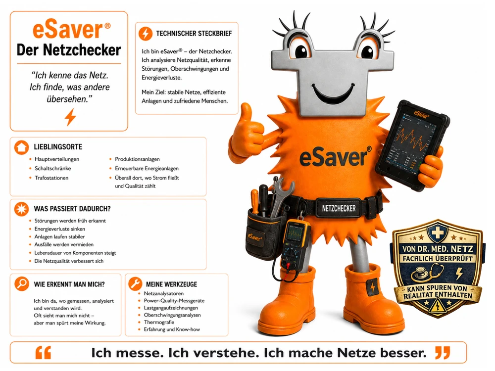 Steckbrief-Infografik zur Comicfigur eSaver, dem Netzchecker: Rechts steht die orange stachelige Figur mit grauem T-förmigem Kopf, Werkzeuggürtel mit Aufschrift „NETZCHECKER", Multimeter und Werkzeugtasche, hält mit erhobenem Daumen ein Tablet mit einer Kurvengrafik in der anderen Hand und trägt orangefarbene Stiefel mit Blitzsymbol. Links daneben mehrere Textboxen: Überschrift „eSaver® – Der Netzchecker" mit dem Zitat „Ich kenne das Netz. Ich finde, was andere übersehen.", ein „Technischer Steckbrief" mit Selbstbeschreibung, eine Liste „Lieblingsorte" (Hauptverteilungen, Schaltschränke, Trafostationen, Produktionsanlagen, erneuerbare Energieanlagen), eine Liste „Was passiert dadurch?" (frühe Störungserkennung, sinkende Energieverluste, stabilere Anlagen u. a.), ein Abschnitt „Wie erkennt man mich?" sowie eine Liste „Meine Werkzeuge" (Netzanalysatoren, Power-Quality-Messgeräte, Lastgangaufzeichnungen, Oberschwingungsanalysen, Thermografie). Unten ein Banner mit dem Zitat „Ich messe. Ich verstehe. Ich mache Netze besser." sowie unten rechts ein augenzwinkerndes Siegel „Von Dr. med. Netz fachlich überprüft – kann Spuren von Realität enthalten".