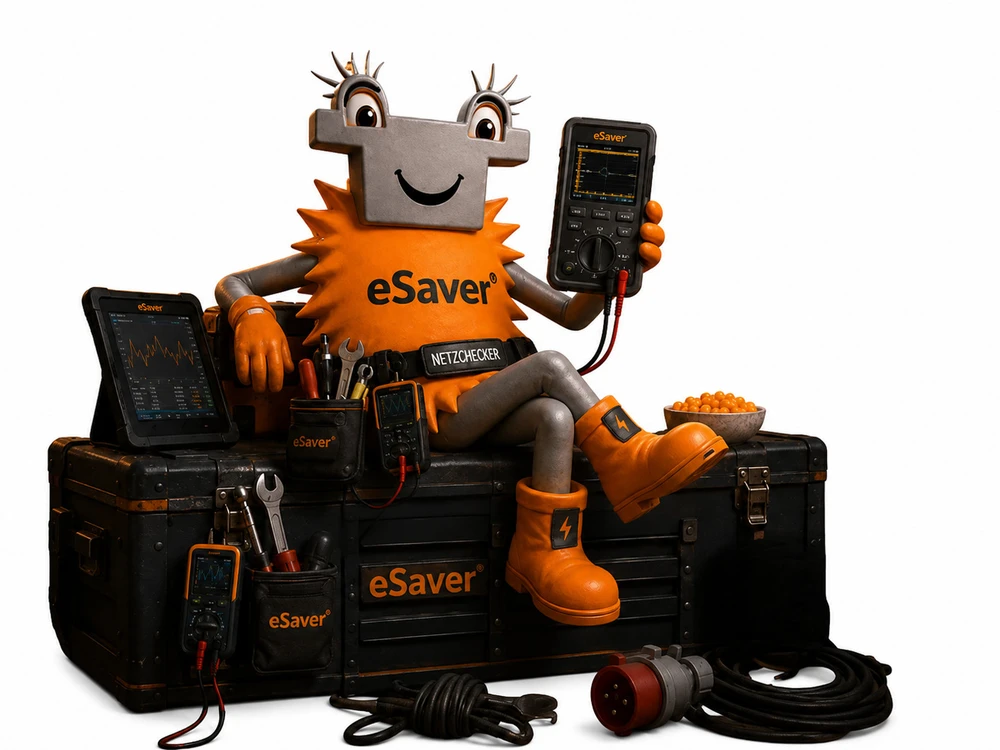 Comic-Figur eSaverli mit grauem T-förmigem Kopf, orangefarbenem stacheligem Körper mit Aufschrift „eSaver" und Werkzeuggürtel „NETZCHECKER" sitzt mit übereinandergeschlagenen Beinen auf einer schwarzen Werkzeugkiste mit der Aufschrift „eSaver". In der rechten Hand hält die Figur ein Multimeter mit Kurvenanzeige, der linke Arm stützt sich neben einem auf der Kiste stehenden Tablet mit Diagrammanzeige ab. Am Gürtel und an der Kiste hängen mehrere Werkzeugtaschen mit Schraubendreher, Zange, Stift und weiteren Messgeräten, jeweils mit „eSaver"-Logo. Die Figur trägt orangefarbene Stiefel mit Blitzsymbol, ein Fuß ruht auf der Kistenkante. Rechts daneben steht eine Schale mit orangefarbenen kugelförmigen Bonbons, im Vordergrund liegen ein aufgerolltes schwarzes Kabel sowie ein industrieller CEE-Stecker mit weiterem aufgerolltem Kabel, alles vor weißem Hintergrund.