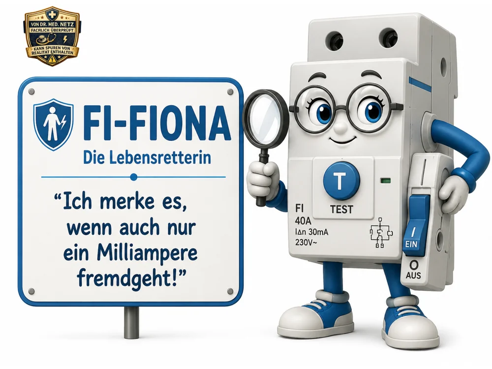 Weiß-blaue Comicfigur eines Fehlerstromschutzschalters mit runder Brille, blauen Armen und Beinen sowie Turnschuhen hält eine Lupe in der Hand; auf dem Gehäuse sind die Aufschriften „FI 40A“, „IΔn 30mA“, „230V~“, ein Testknopf „T TEST“ und ein Ein/Aus-Schalter zu erkennen; daneben ein Schild mit der Aufschrift „FI-Fiona – Die Lebensretterin“ und dem Zitat „Ich merke es, wenn auch nur ein Milliampere fremdgeht!“