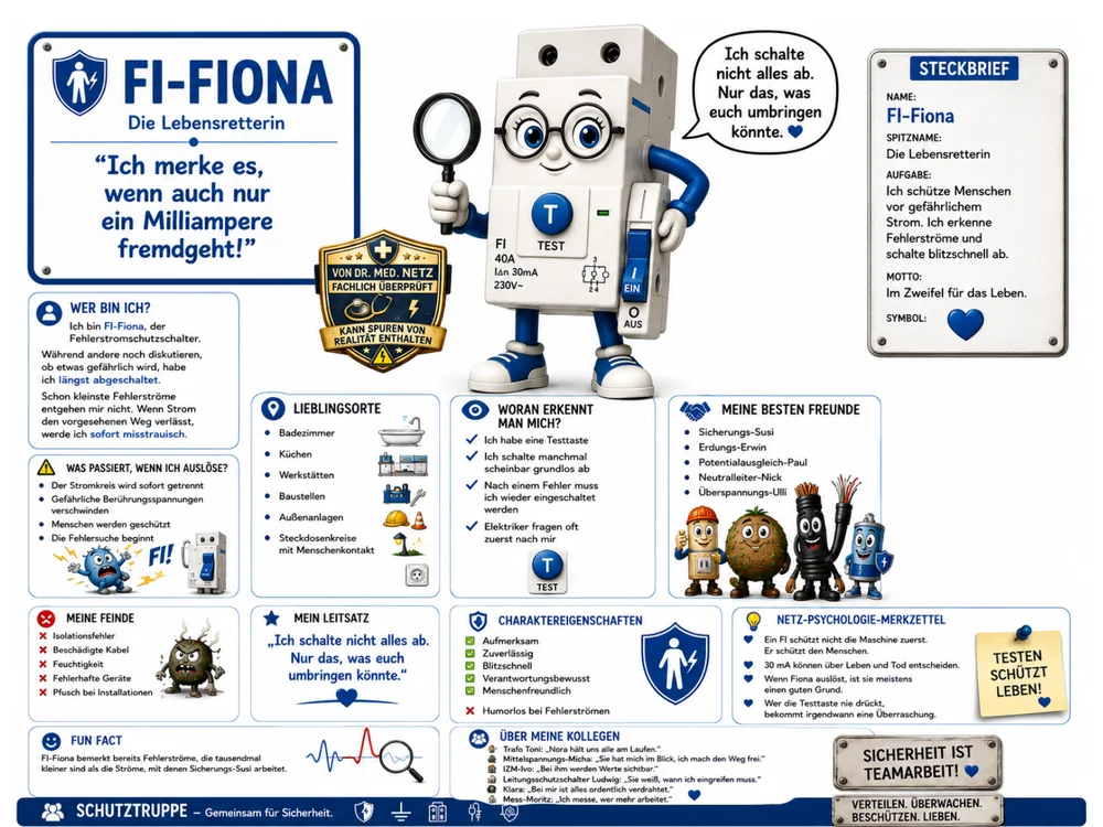 Infografik-Steckbrief zu FI-Fiona mit Textblöcken zu Steckbrief, Aufgabe, Motto, Zuständigkeit, Lieblingsorten, Erkennungsmerkmalen, besten Freunden, Feinden, Leitsatz, Charaktereigenschaften und Fun Fact; im Zentrum die weiß-blaue Figur mit Lupe.
