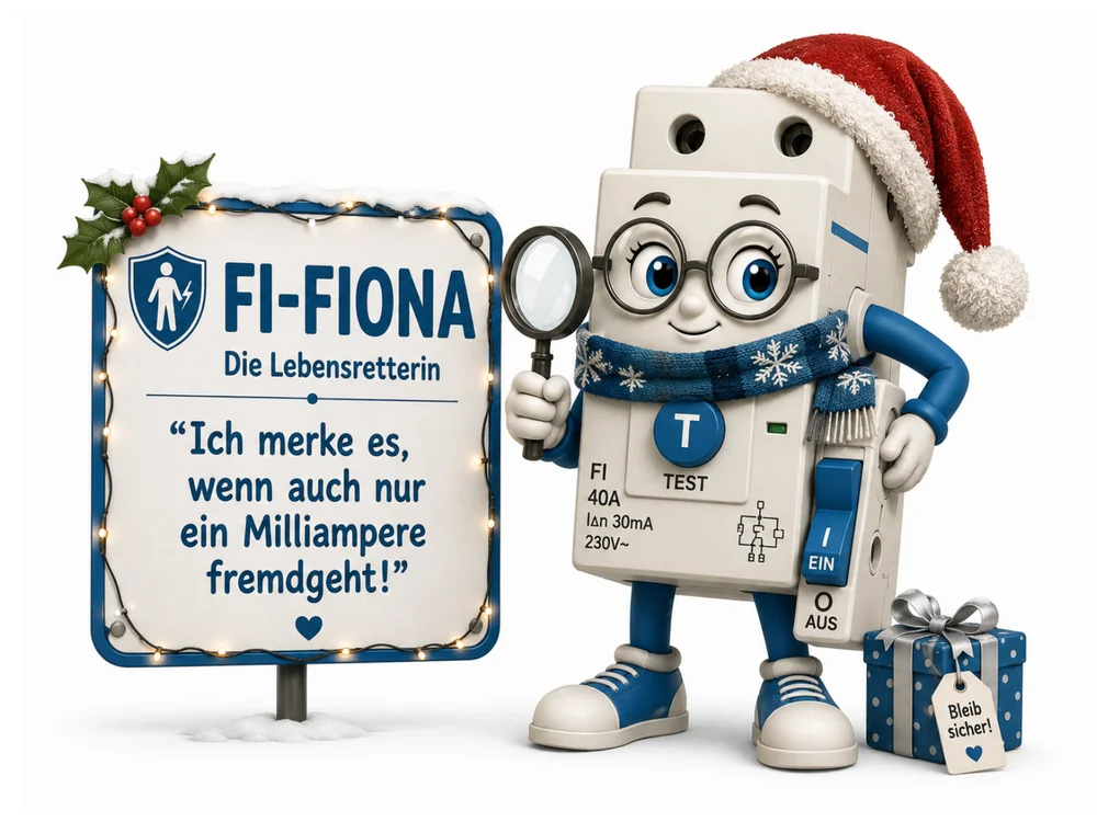 Weiß-blaue Fehlerstromschutzschalter-Figur mit Brille, Weihnachtsmütze und Schneeflocken-Schal hält eine Lupe in der Hand, daneben ein blau verpacktes Geschenk mit dem Anhänger „Bleib sicher!“