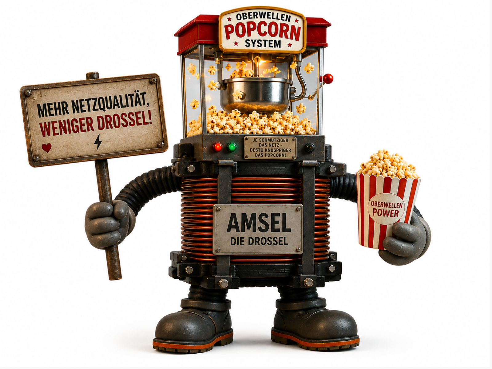 Comic-Roboterfigur Amsel die Drossel mit einem Kopf in Form einer Popcornmaschine mit der Aufschrift "OBERWELLEN POPCORN SYSTEM", in der sichtbar Popcorn poppt. Der Körper besteht aus Kupferwicklungen mit dem Namensschild "AMSEL DIE DROSSEL", darauf der Hinweis "JE SCHMUTZIGER DAS NETZ – DESTO KNUSPRIGER DAS POPCORN!". Die Figur hält in einer Hand ein Holzschild mit der Aufschrift "MEHR NETZQUALITÄT, WENIGER DROSSEL!" und in der anderen eine gestreifte Popcorntüte mit der Aufschrift "OBERWELLEN POWER".