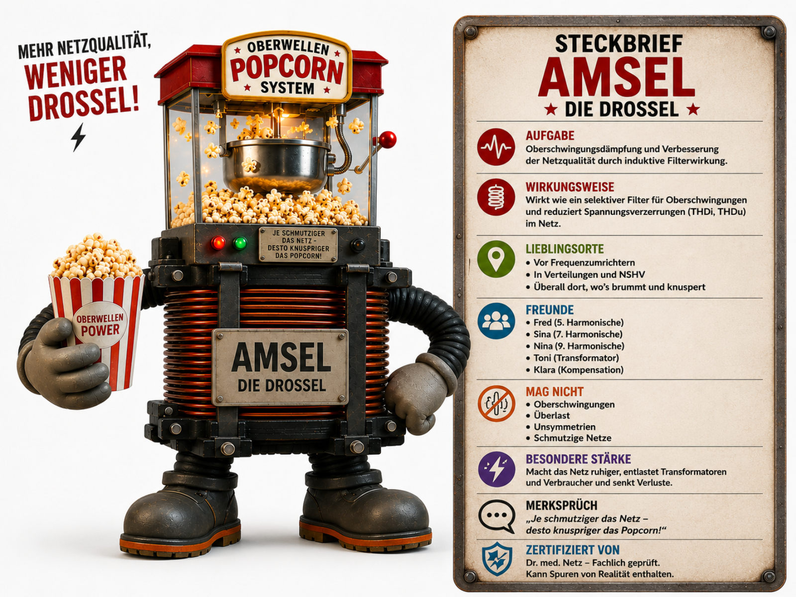 Steckbrief-Infografik zu Amsel die Drossel: Links die Comic-Figur mit Popcornmaschinen-Kopf "OBERWELLEN POPCORN SYSTEM", Kupferwicklungs-Körper und Namensschild, hält Holzschild "MEHR NETZQUALITÄT, WENIGER DROSSEL!" und Popcorntüte "OBERWELLEN POWER". Rechts der Steckbrief mit den Abschnitten Aufgabe (Oberschwingungsdämpfung und Verbesserung der Netzqualität durch induktive Filterwirkung), Wirkungsweise, Lieblingsorte, Freunde (u. a. Fred/5. Harmonische, Sina/7. Harmonische), Mag nicht, Besondere Stärke und Merkspruch "Je schmutziger das Netz – desto knuspriger das Popcorn!".
