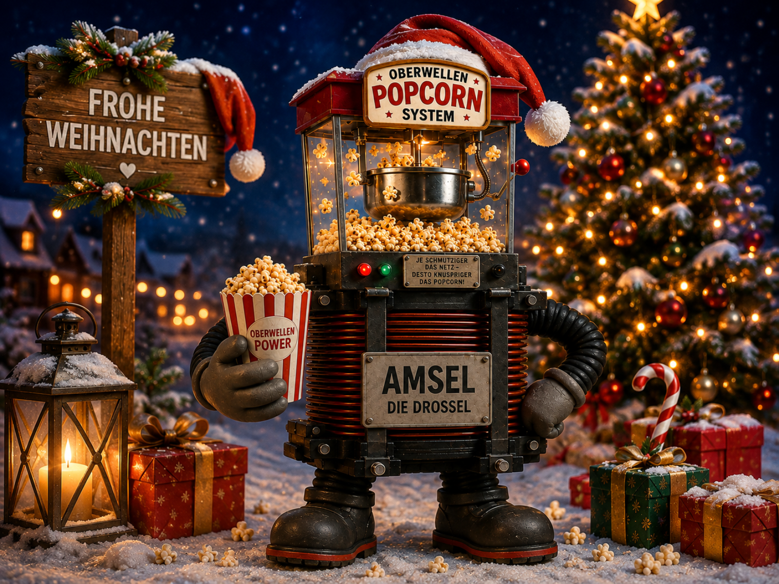 Weihnachtliche Szene mit Amsel die Drossel vor Schnee, einem beleuchteten Weihnachtsbaum, Geschenken und einer Laterne. Die Popcornmaschine auf dem Kopf trägt eine schneebedeckte Zipfelmütze, die Figur hält eine Popcorntüte "OBERWELLEN POWER" in der Hand, im Hintergrund ein Holzschild "FROHE WEIHNACHTEN" mit Tannenzweigen und ein Zuckerstock steckt zwischen den Geschenken.