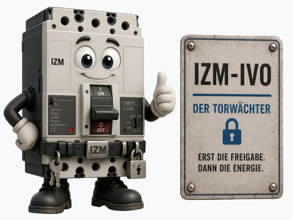 Grau-schwarze Comicfigur eines großen Leistungsschalters mit aufgemalten Augen, Daumen-hoch-Geste und einem Vorhängeschloss samt Schlüsselbund am Gürtel mit der Aufschrift „IZM“; auf dem Gehäuse sind ein Ein/Aus-Schalter „I ON / O OFF“ und technische Angaben wie „IZM63N“, „240/415V~“, „In 630A“ zu erkennen; daneben ein Schild mit der Aufschrift „IZM-Ivo – Der Torwächter“ und dem Zitat „Erst die Freigabe. Dann die Energie.“