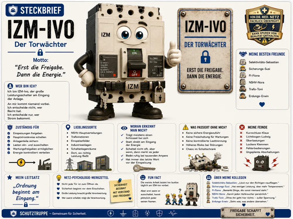 Infografik-Steckbrief zu IZM-Ivo mit Textblöcken zu Wer bin ich, Zuständigkeit, Lieblingsorten, Erkennungsmerkmalen, was ohne ihn passiert, Feinden, Leitsatz, Fun Fact und Netz-Psychologie-Merkzettel; im Zentrum die grau-schwarze Schalterfigur mit Schlüsselbund und Vorhängeschloss.