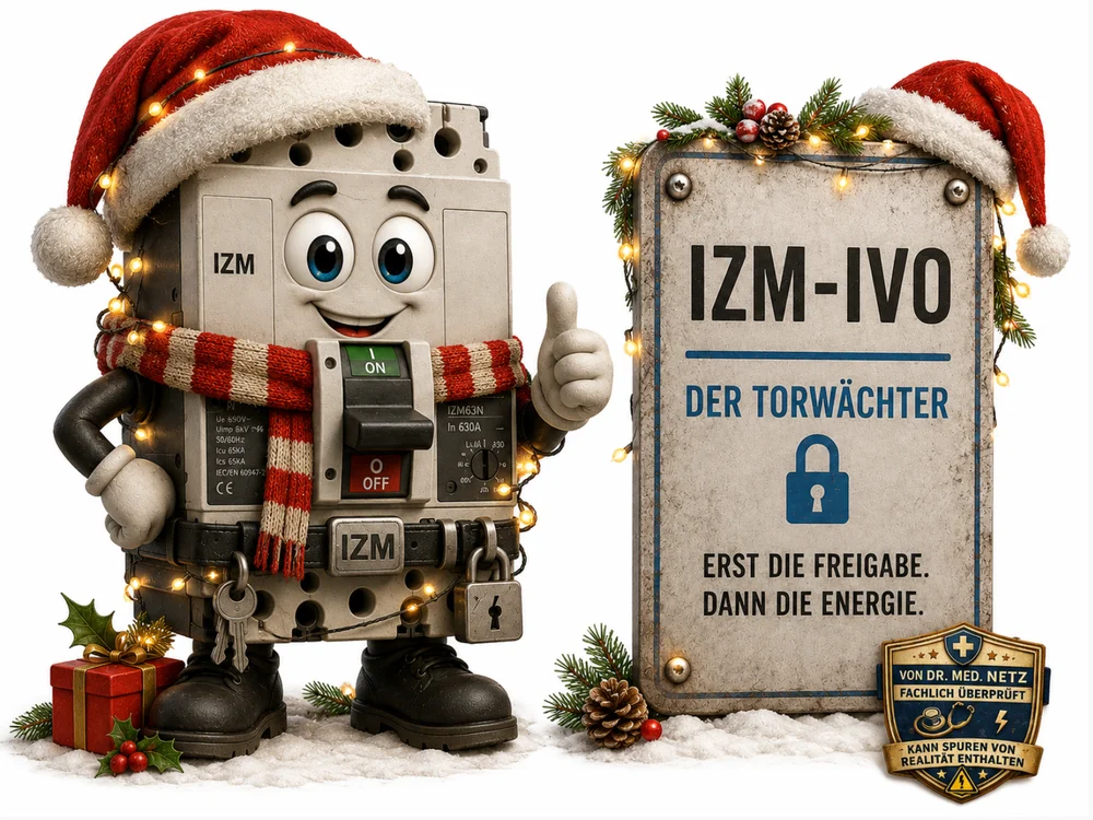 Grau-schwarze Leistungsschalter-Figur mit Weihnachtsmütze, Lichterkette um den Körper und Schlüsselbund vor einem weihnachtlich mit Tannenzweigen und Lichterkette geschmückten Schild mit der Aufschrift „IZM-Ivo – Der Torwächter“.