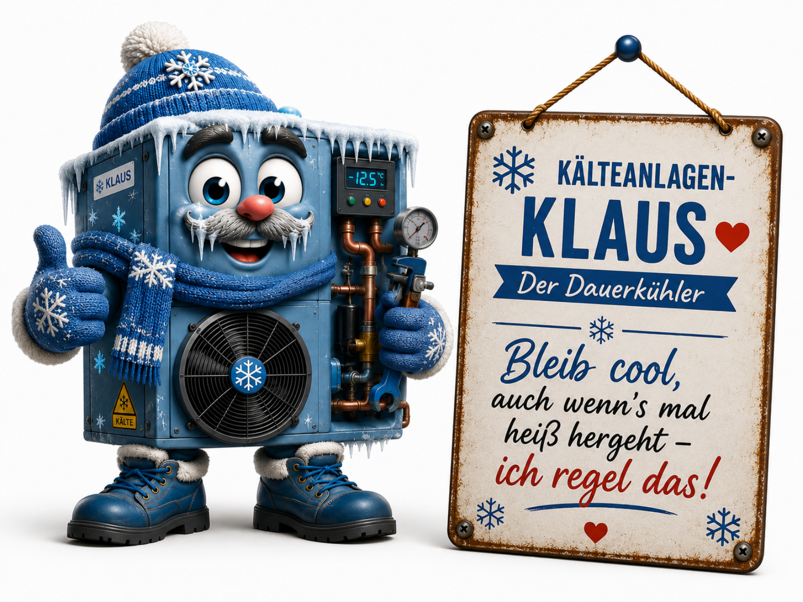 Comic-Figur Kälteanlagen-Klaus, ein blaues Kälteanlagen-Gehäuse mit vereistem Gesicht, weißem Schnauzbart aus Eiszapfen und blauer Zipfelmütze mit Bommel und Schneeflockenmuster. Er trägt einen blauen Strickschal, blaue Fäustlinge und zeigt einen Daumen nach oben, am Körper ein digitales Display "-12.5°C", ein Manometer sowie Kupferrohre mit Ventilen, ein Lüftungsgitter mit Schneeflocken-Symbol und ein "KÄLTE"-Warnschild. Dazu trägt er blaue Winterstiefel mit Fellbesatz. Auf einem Schild daneben steht "KÄLTEANLAGEN-KLAUS – Der Dauerkühler – Bleib cool, auch wenn es mal heiß hergeht – ich regel das!".