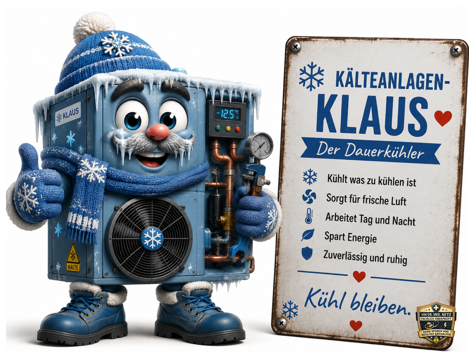 Comic-Figur Kälteanlagen-Klaus, ein blaues Kälteanlagen-Gehäuse mit vereistem Gesicht, weißem Schnauzbart aus Eiszapfen und blauer Mütze mit Bommel. Er trägt einen blauen Schal und Fäustlinge, zeigt einen Daumen nach oben, am Körper ein Display "-12.5°C", ein Manometer, Kupferrohre und ein Lüftungsgitter mit Schneeflocken-Symbol. Auf dem Schild daneben stehen die Eigenschaften "KÜHLT WAS ZU KÜHLEN IST", "SORGT FÜR FRISCHE LUFT", "ARBEITET TAG UND NACHT", "SPART ENERGIE", "ZUVERLÄSSIG UND RUHIG" sowie der Leitspruch "Kühl bleiben.".