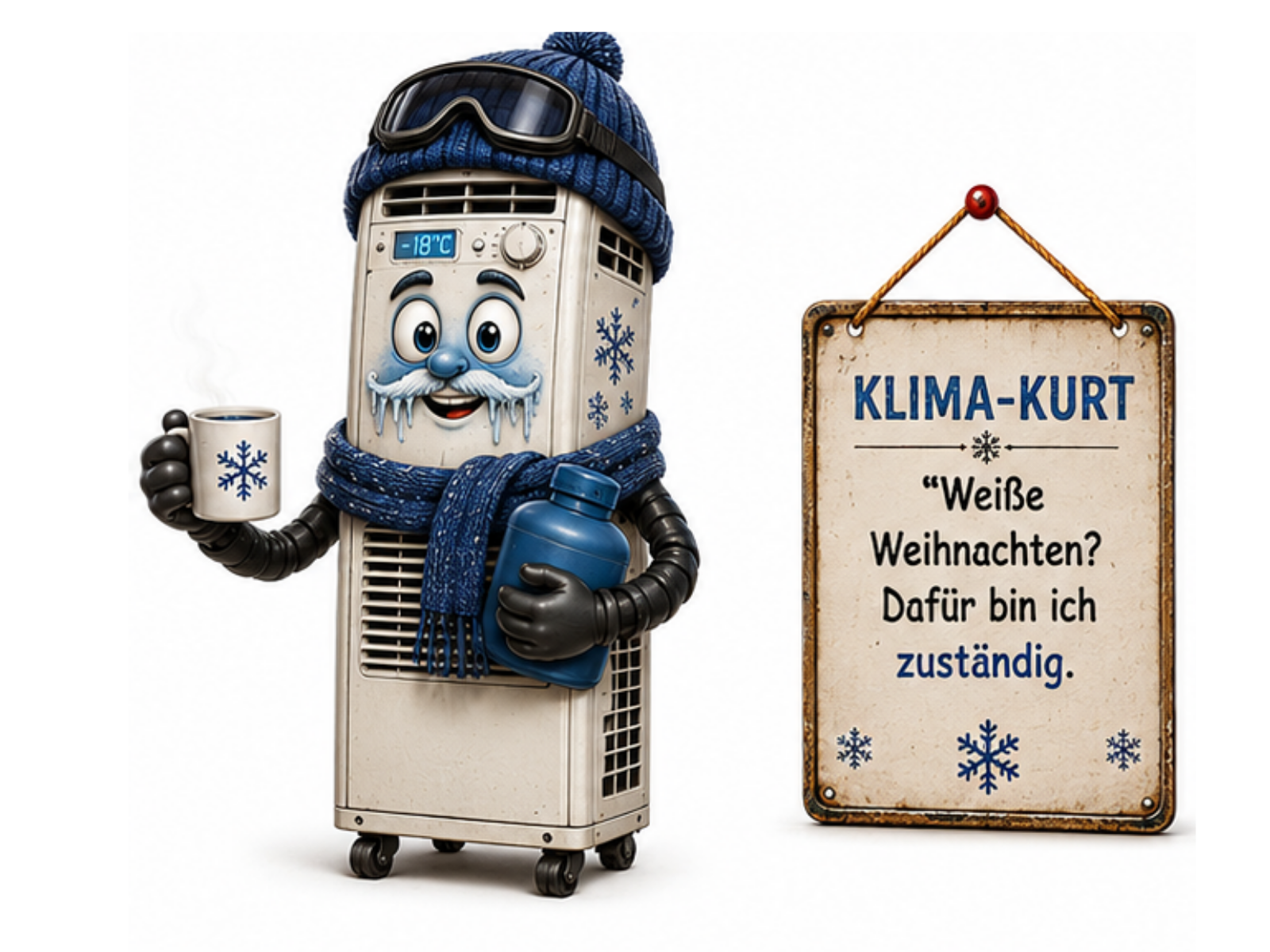 Comic-Figur Klima-Kurt, ein cremefarbenes mobiles Klimagerät auf Rollen mit vereistem Gesicht, weißem Schnauzbart und einer blauen Mütze mit hochgeschobener Skibrille. Er hält in einer Hand einen dampfenden Becher mit Schneeflockenmuster, in der anderen eine blaue Wärmflasche, am Gerät ein Display mit der Anzeige "-18°C". Auf dem Schild daneben steht "KLIMA-KURT – „Weiße Weihnachten? Dafür bin ich zuständig.“".