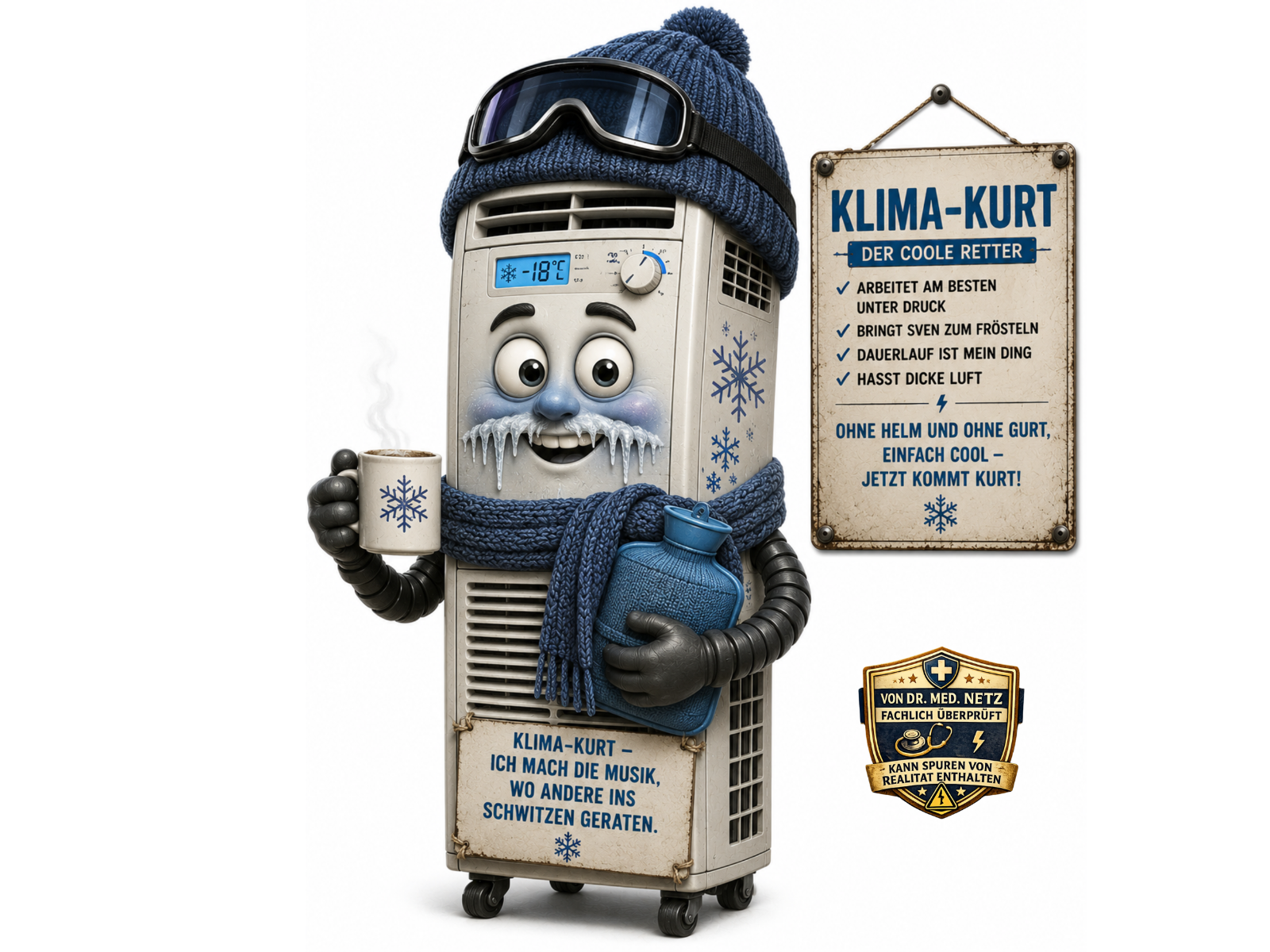 Comic-Figur Klima-Kurt, ein cremefarbenes mobiles Klimagerät auf Rollen mit vereistem Gesicht, weißem Schnauzbart, blauer Mütze und hochgeschobener Skibrille. Er hält einen dampfenden Becher und eine blaue Wärmflasche, am Gerät ein Display mit "-18°C". Auf dem Schild daneben steht "KLIMA-KURT DER COOLE RETTER – ARBEITET AM BESTEN UNTER DRUCK, BRINGT SVEN ZUM FRÖSTELN, DAUERLAUF IST MEIN DING, HASST DICKE LUFT", darunter der Spruch "Ohne Helm und ohne Gurt, einfach cool – jetzt kommt Kurt!" sowie am Gerät der Text "Klima-Kurt – ich mach die Musik, wo andere ins Schwitzen geraten.".