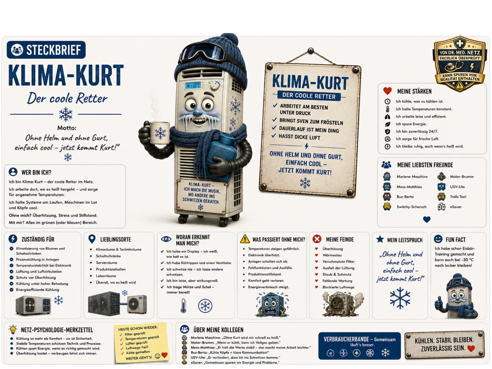 Steckbrief-Infografik zu Klima-Kurt: Links die Comic-Figur mit vereistem Gesicht, Mütze, Skibrille, dampfendem Becher und Wärmflasche. Rechts der Steckbrief mit Motto "Ohne Helm und ohne Gurt, einfach cool – jetzt kommt Kurt!", Selbstbeschreibung, Zuständigkeitsbereich (Klimatisierung von Räumen und Schaltschränken, Prozesskühlung), Lieblingsorten, Erkennungsmerkmalen, Folgen bei Ausfall, Feinden wie Überhitzung und verschmutzten Filtern, Freundesliste (u. a. Marlene Maschine, Motor-Brumm, USV-Ute) und Fun Fact zum Eisbär-Training.