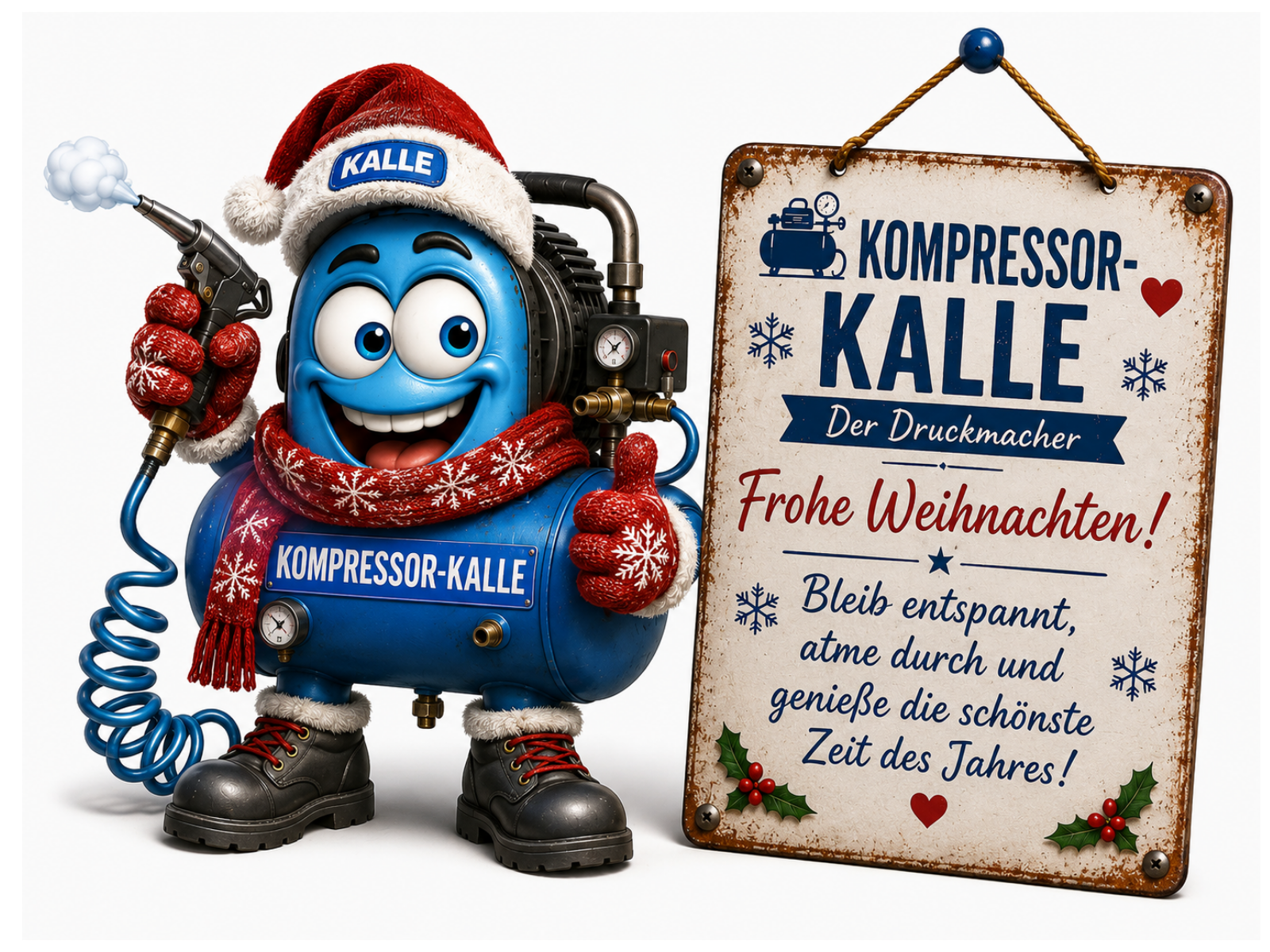 Comic-Figur Kompressor-Kalle, ein blauer Druckluftkompressor-Tank mit rundem Gesicht, roter Weihnachtsmütze mit der Aufschrift "KALLE" und rotem Schal mit Schneeflockenmuster. Er hält eine Druckluftpistole, aus der Sprühnebel austritt, zeigt mit der anderen Hand einen Daumen nach oben, am Körper ein Namensschild "KOMPRESSOR-KALLE" sowie Manometer, dazu schwarze Arbeitsstiefel mit Fellbesatz. Auf dem Schild daneben steht "KOMPRESSOR-KALLE – Der Druckmacher – Frohe Weihnachten! Bleib entspannt, atme durch und genieße die schönste Zeit des Jahres!".