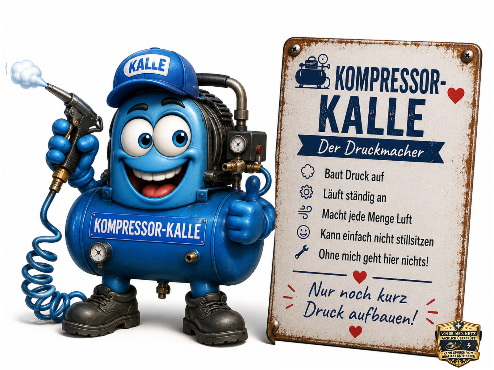 Comic-Figur Kompressor-Kalle, ein blauer Druckluftkompressor-Tank mit rundem Gesicht und blauer Kappe mit der Aufschrift "KALLE". Er hält eine Druckluftpistole mit Sprühnebel, zeigt einen Daumen nach oben, am Körper ein Namensschild "KOMPRESSOR-KALLE" und Manometer. Auf dem Schild daneben stehen die Eigenschaften "BAUT DRUCK AUF", "LÄUFT STÄNDIG AN", "MACHT JEDE MENGE LUFT", "KANN EINFACH NICHT STILLSITZEN", "OHNE MICH GEHT HIER NICHTS!" und der Spruch "Nur noch kurz Druck aufbauen!".