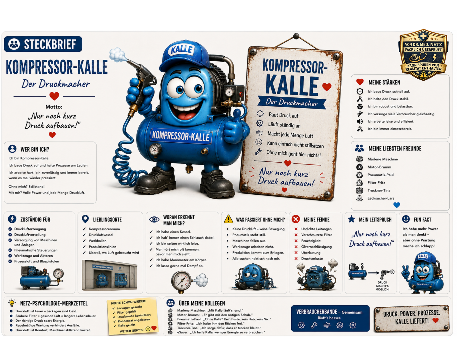 Steckbrief-Infografik zu Kompressor-Kalle: Links die Comic-Figur mit Druckluftpistole, Kappe "KALLE" und Manometern. Rechts der Steckbrief mit Motto "Nur noch kurz Druck aufbauen!", Selbstbeschreibung, Zuständigkeitsbereich (Drucklufterzeugung und -verteilung, Versorgung von Maschinen und Anlagen), Lieblingsorten wie Kompressorraum und Werkhallen, Erkennungsmerkmalen, Folgen bei Ausfall, Feinden wie undichten Leitungen und Ölnachlässigkeit, Freundesliste (u. a. Marlene Maschine, Motor-Brumm, Pneumatik-Paul) und Fun Fact.