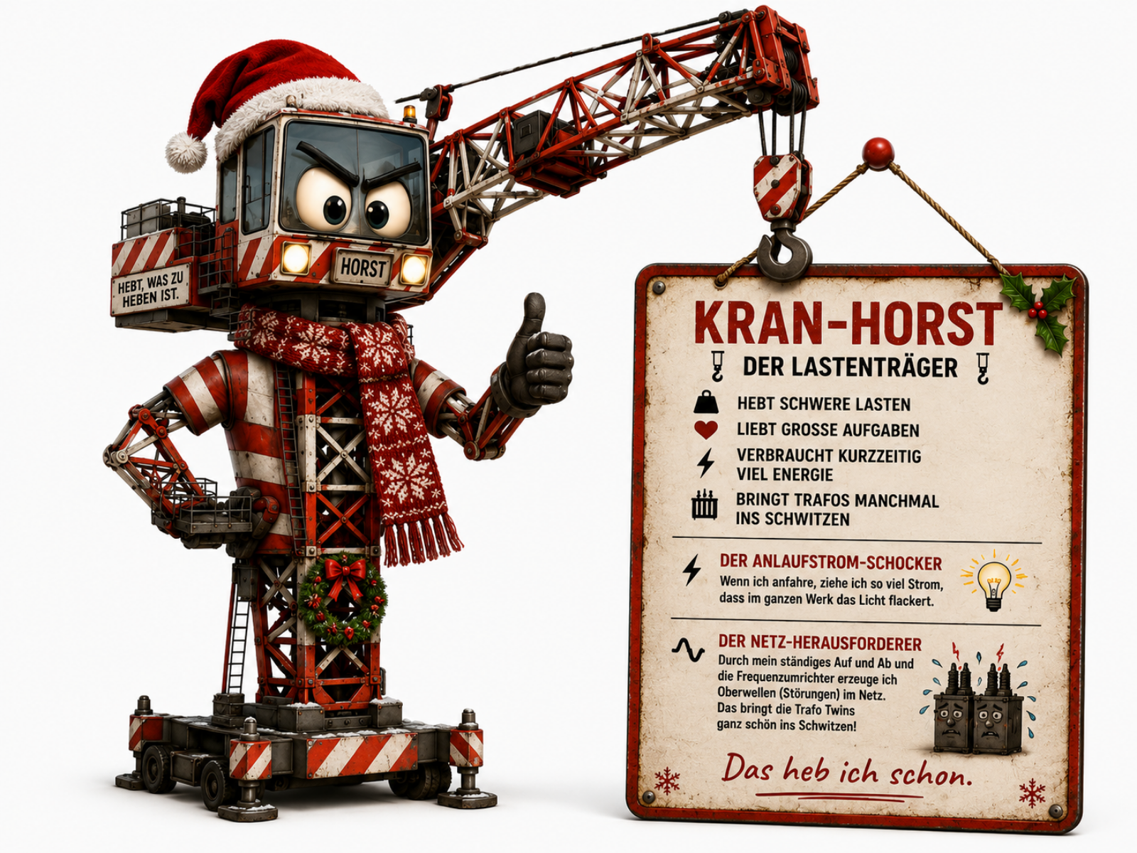 Comic-Figur Kran-Horst, ein rot-weiß gestreifter Turmdrehkran mit einem Führerhaus als Gesicht mit grimmig blickenden Augen und der Aufschrift "HORST". Er trägt eine Weihnachtsmütze auf dem Kranhaus und einen kleinen Weihnachtskranz am Turm, zeigt mit dem Greifarm einen Daumen nach oben, der Kranausleger endet in einem rot-weißen Haken. Auf dem Schild daneben steht "KRAN-HORST – Der Lastenträger – HEBT SCHWERE LASTEN, LIEBT GROSSE AUFGABEN, VERBRAUCHT KURZZEITIG VIEL ENERGIE, BRINGT TRAFOS MANCHMAL INS SCHWITZEN" mit Erläuterungen zu "Der Anlaufstrom-Schocker" und "Der Netz-Herausforderer" sowie dem Leitspruch "Das heb ich schon.".