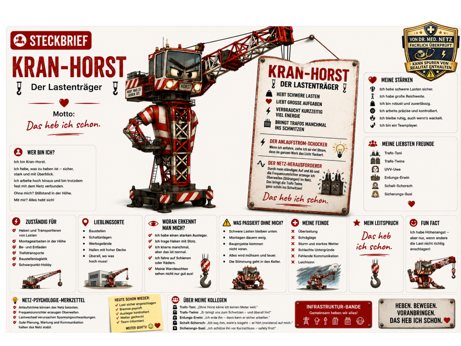 Steckbrief-Infografik zu Kran-Horst: Links die Comic-Figur mit Kranausleger, Führerhaus-Gesicht und Haken. Rechts der Steckbrief mit Motto "Das heb ich schon.", Selbstbeschreibung, Zuständigkeitsbereich (Heben und Transportieren von Lasten, Montagearbeiten in der Höhe), Lieblingsorten wie Baustellen und Werksgeländen, Erkennungsmerkmalen, Folgen bei Ausfall, Feinden wie Überlastung und Sturm, Freundesliste (u. a. Trafo-Toni, Trafo-Twins, Erdungs-Erwin) und Fun Fact zur Höhenangst.
