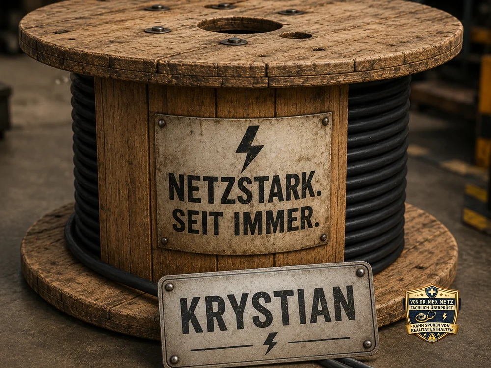 Fotorealistische braune Holz-Kabeltrommel mit aufgewickeltem schwarzem Kabel, auf der ein Schild mit einem Blitzsymbol und der Aufschrift „Netzstark. Seit immer.“ sowie ein weiteres Schild mit dem Namen „Krystian“ befestigt sind; die Kabeltrommel zeigt in dieser Ansicht kein Comicgesicht.