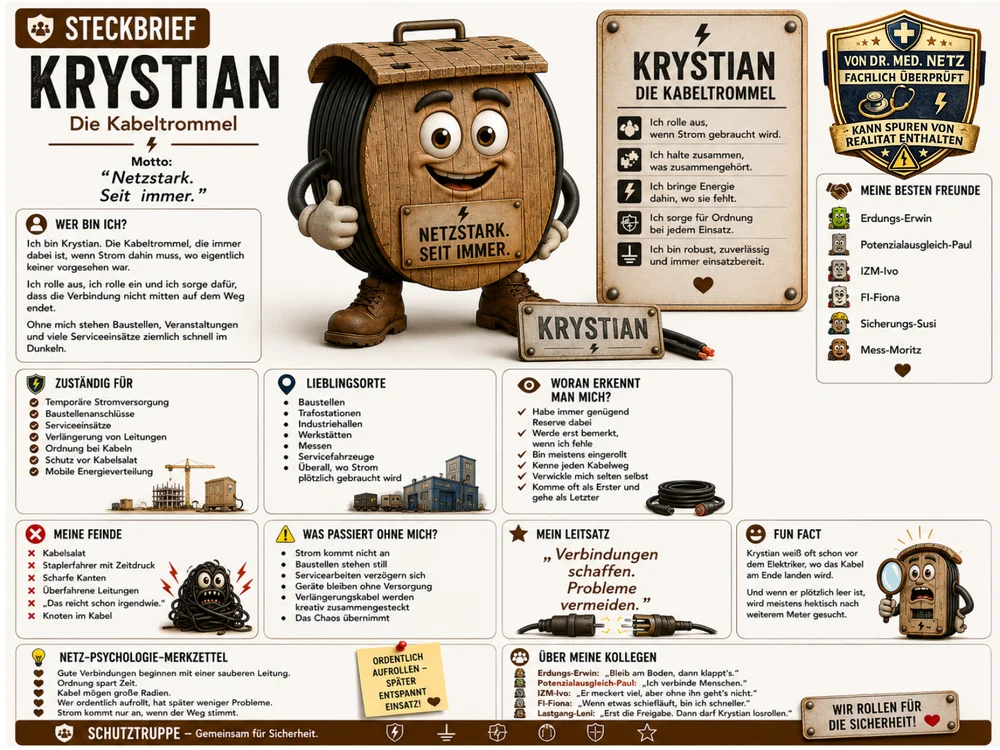 Infografik-Steckbrief zu Krystian mit Textblöcken zu Wer bin ich, Zuständigkeit, Lieblingsorten, Erkennungsmerkmalen, Feinden, was ohne ihn passiert, Leitsatz, Fun Fact, Netz-Psychologie-Merkzettel und Kollegen; im Zentrum die Kabeltrommel-Figur mit Comicgesicht, Armen und Stiefeln vor den Schildern „Netzstark. Seit immer.“ und „Krystian“.