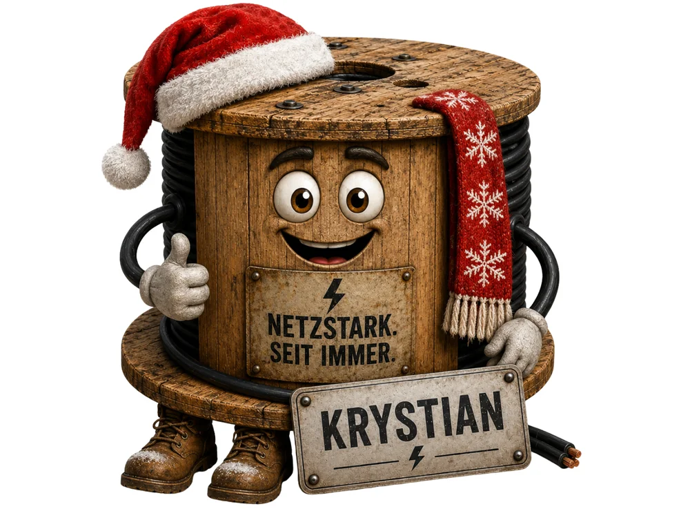 Braune Holz-Kabeltrommel mit Comicgesicht, Weihnachtsmütze und rot-weißem Schneeflocken-Schal hält lächelnd den Daumen hoch vor dem Schild „Netzstark. Seit immer.“ und dem Namensschild „Krystian“.