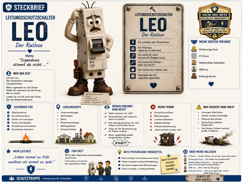 Infografik-Steckbrief zu Leitungsschutzschalter-Leo mit Textblöcken zu Wer bin ich, Zuständigkeit, Lieblingsorten, Erkennungsmerkmalen, Feinden, was ohne ihn passiert, Leitsatz, Fun Fact, Netz-Psychologie-Merkzettel und Kollegen; im Zentrum die ratlose Leo-Figur mit Werkzeuggürtel.