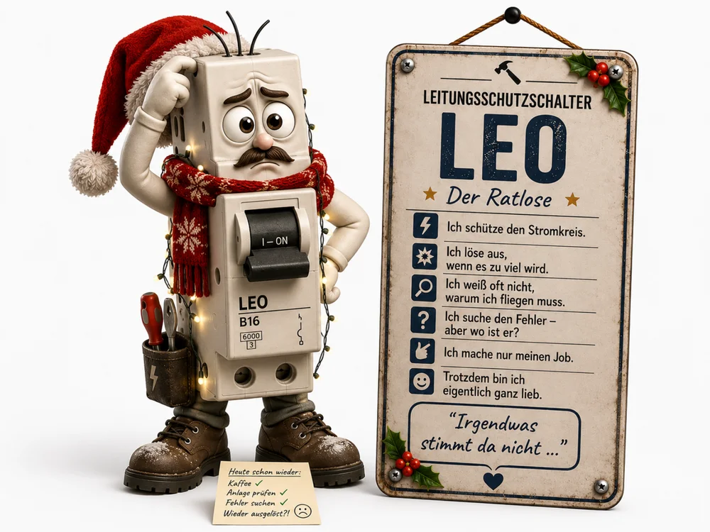 Beige-graue Leitungsschutzschalter-Figur mit Weihnachtsmütze, rot-weißem Schal und Lichterkette um den Körper hält ratlos die Hand am Kopf, daneben der Notizzettel mit Prüf-Häkchen.