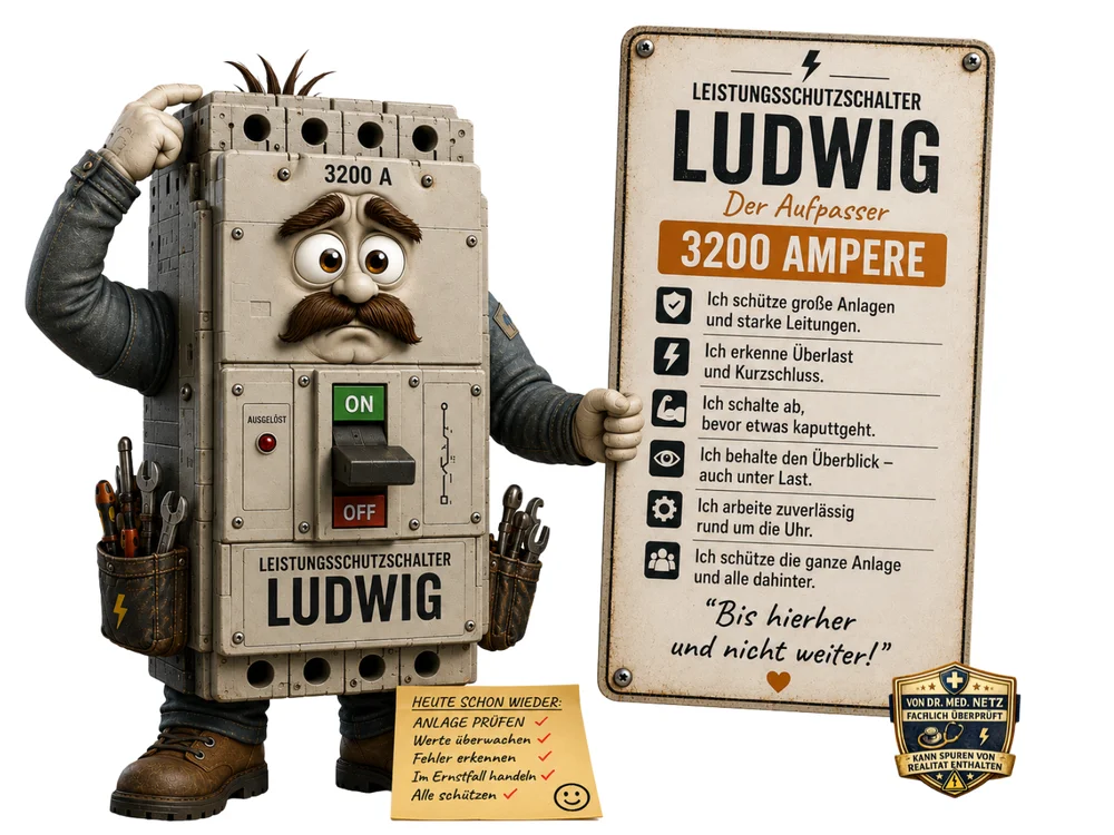 Große, beige-graue Comicfigur eines Leistungsschalters mit Schnurrbart, besorgtem Gesichtsausdruck und Werkzeuggürteln an beiden Hüften; auf dem Gehäuse stehen „3200 A“, „ON/OFF“, „Ausgelöst“ und „Leistungsschutzschalter Ludwig“; ein Schild daneben zeigt „Leistungsschutzschalter Ludwig – Der Aufpasser, 3200 Ampere“ mit dem Zitat „Bis hierher und nicht weiter!“
