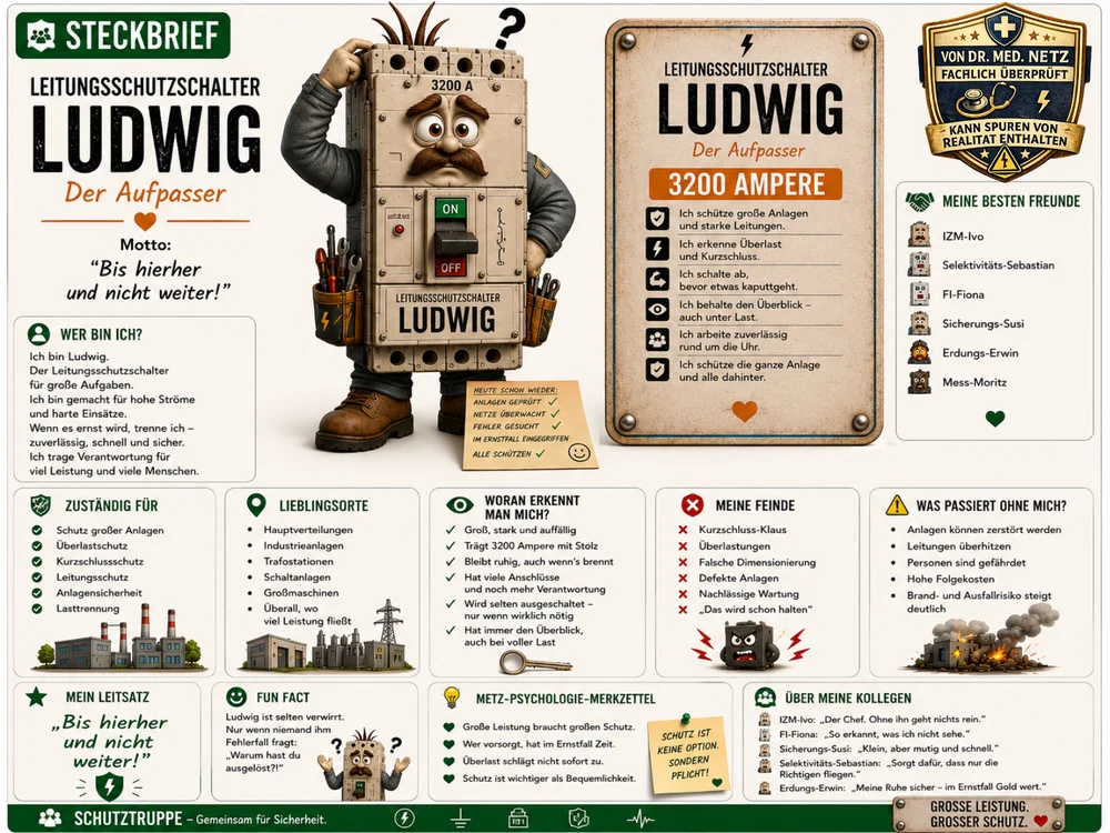 Infografik-Steckbrief zu Leistungsschutzschalter-Ludwig mit Textblöcken zu Wer bin ich, Zuständigkeit, Lieblingsorten, Erkennungsmerkmalen, Feinden, was ohne ihn passiert, Leitsatz, Fun Fact, Netz-Psychologie-Merkzettel und Kollegen; im Zentrum die große Ludwig-Figur mit Werkzeuggürteln vor dem Schild „3200 Ampere“.