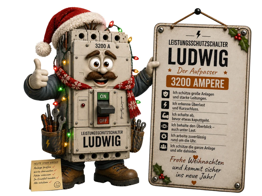 Große Leistungsschalter-Figur mit Weihnachtsmütze, Lichterkette um den Körper und Werkzeuggürteln steht mit erhobenem Daumen vor dem Schild „Leistungsschutzschalter Ludwig – 3200 Ampere“ mit weihnachtlichem Gruß „Frohe Weihnachten und kommt sicher ins neue Jahr!“