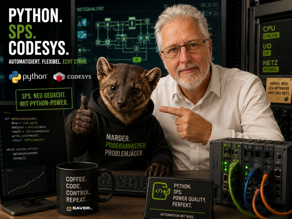eSAVER-Mitarbeiter neben einem Marder im schwarzen Hoodie mit Aufschrift „Marder. Programmierer. Problemjäger.“, umgeben von Bildschirmen mit Netzqualitäts-Diagramm, Python-Code und SPS-Hardware, Slogan „Python. SPS. Codesys. Automatisiert. Flexibel. Echt stark.“