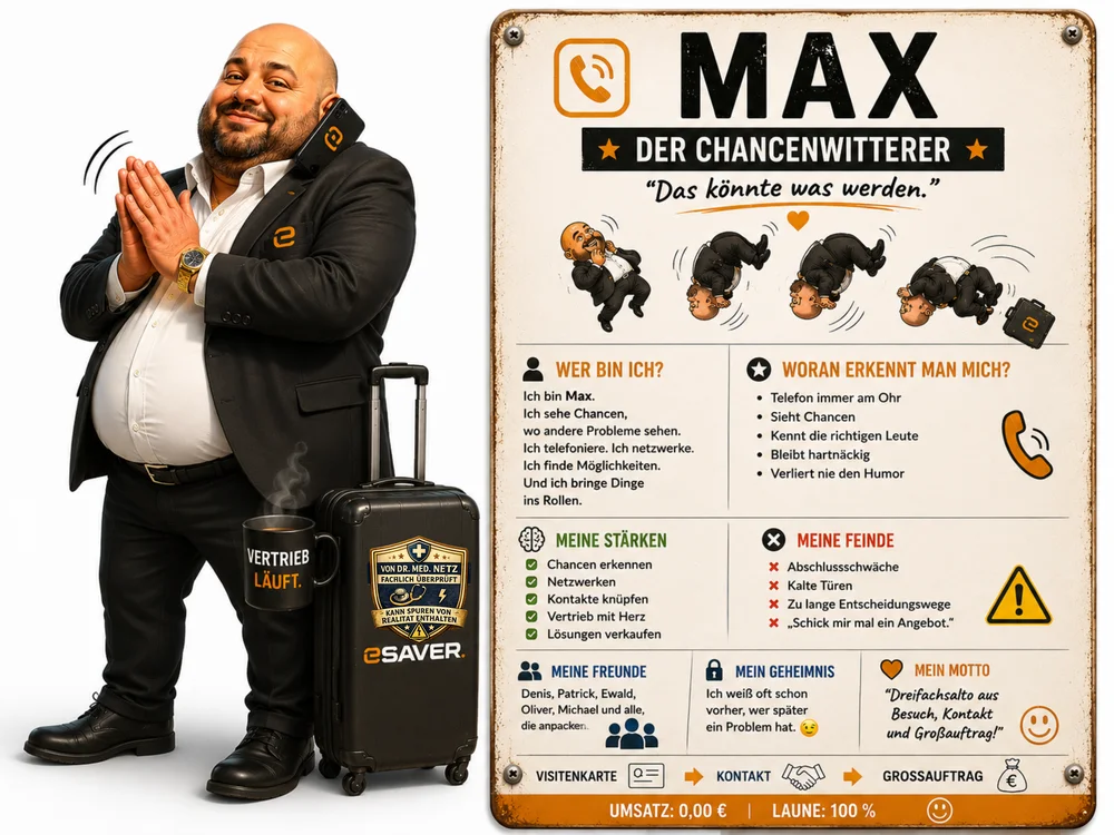 Steckbrief-Grafik von Max, „Der Chancenwitterer“, eSAVER-Vertriebsmitarbeiter mit Telefon am Ohr und Rollkoffer, begleitet von einer Comic-Bildfolge seiner Freudensprünge, mit Rubriken Wer bin ich, Woran erkennt man mich, Stärken, Feinde, Freunde, Geheimnis und Motto „Dreifachsalto aus Besuch, Kontakt und Großauftrag“.
